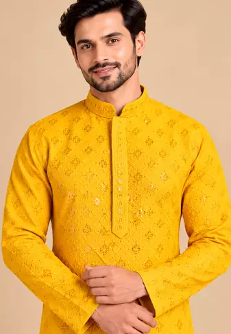 Yellow Heavy Rayon Lakhnavi Sequin Thread Work Ethnic Festive Wear Kurta With Pyjama