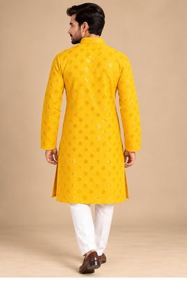 Yellow Heavy Rayon Lakhnavi Sequin Thread Work Ethnic Festive Wear Kurta With Pyjama 3
