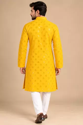 Yellow Heavy Rayon Lakhnavi Sequin Thread Work Ethnic Festive Wear Kurta With Pyjama