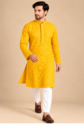 Yellow Heavy Rayon Lakhnavi Sequin Thread Work Ethnic Festive Wear Kurta With Pyjama 4