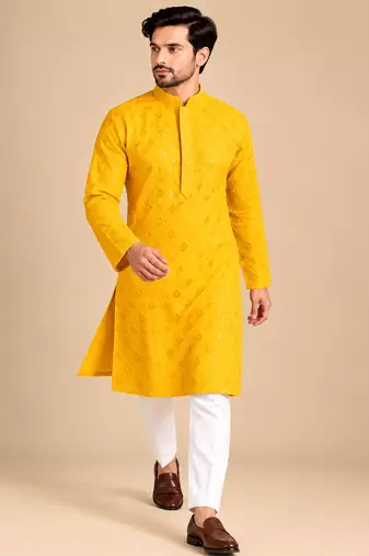 Yellow Heavy Rayon Lakhnavi Sequin Thread Work Ethnic Festive Wear Kurta With Pyjama