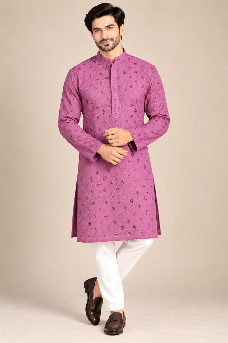 Purple Heavy Rayon Lakhnavi Sequin Thread Work Ethnic Festive Wear Kurta With Pyjama