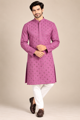 Purple Heavy Rayon Lakhnavi Sequin Thread Work Ethnic Festive Wear Kurta With Pyjama 1