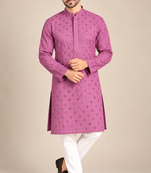 Purple Heavy Rayon Lakhnavi Sequin Thread Work Ethnic Festive Wear Kurta With Pyjama
