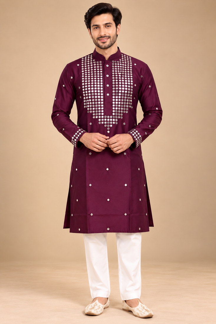 Wine Trending Premium Heavy Mirror Work Design Fabric Soft Silky Mens Ethnic Festival Wear Kurta And Pajama