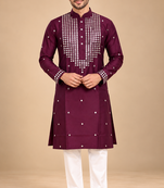 Wine Trending Premium Heavy Mirror Work Design Fabric Soft Silky Mens Ethnic Festival Wear Kurta And Pajama