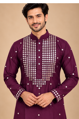 Wine Trending Premium Heavy Mirror Work Design Fabric Soft Silky Mens Ethnic Festival Wear Kurta And Pajama 2