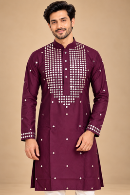 Wine Trending Premium Heavy Mirror Work Design Fabric Soft Silky Mens Ethnic Festival Wear Kurta And Pajama 5