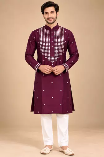 Wine Trending Premium Heavy Mirror Work Design Fabric Soft Silky Mens Ethnic Festival Wear Kurta And Pajama