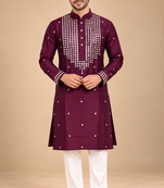 Wine Trending Premium Heavy Mirror Work Design Fabric Soft Silky Mens Ethnic Festival Wear Kurta And Pajama