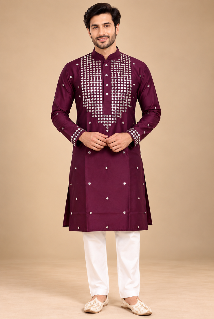 Wine Trending Premium Heavy Mirror Work Design Fabric Soft Silky Mens Ethnic Festival Wear Kurta And Pajama