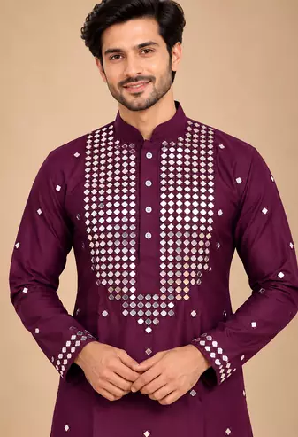 Wine Trending Premium Heavy Mirror Work Design Fabric Soft Silky Mens Ethnic Festival Wear Kurta And Pajama