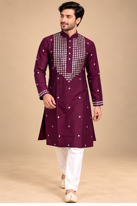 Wine Trending Premium Heavy Mirror Work Design Fabric Soft Silky Mens Ethnic Festival Wear Kurta And Pajama 3