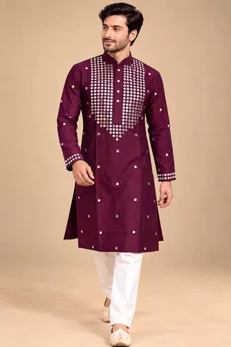Wine Trending Premium Heavy Mirror Work Design Fabric Soft Silky Mens Ethnic Festival Wear Kurta And Pajama