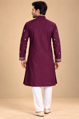 Wine Trending Premium Heavy Mirror Work Design Fabric Soft Silky Mens Ethnic Festival Wear Kurta And Pajama 4