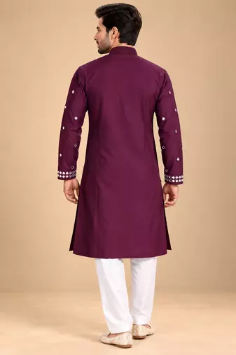 Wine Trending Premium Heavy Mirror Work Design Fabric Soft Silky Mens Ethnic Festival Wear Kurta And Pajama