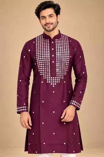 Wine Trending Premium Heavy Mirror Work Design Fabric Soft Silky Mens Ethnic Festival Wear Kurta And Pajama