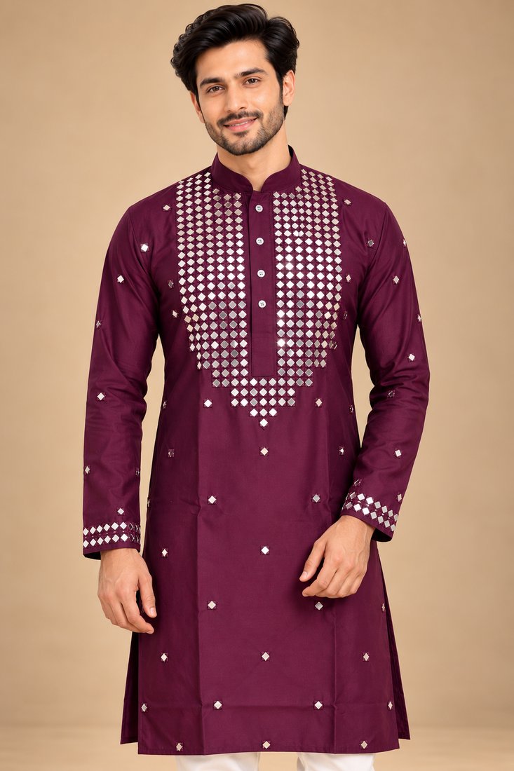 Wine Trending Premium Heavy Mirror Work Design Fabric Soft Silky Mens Ethnic Festival Wear Kurta And Pajama