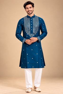 Teal Blue Trending Premium Heavy Mirror Work Design Fabric Soft Silky Mens Ethnic Festival Wear Kurta And Pajama 1