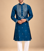 Teal Blue Trending Premium Heavy Mirror Work Design Fabric Soft Silky Mens Ethnic Festival Wear Kurta And Pajama