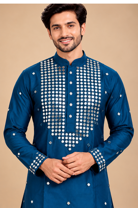 Teal Blue Trending Premium Heavy Mirror Work Design Fabric Soft Silky Mens Ethnic Festival Wear Kurta And Pajama 2