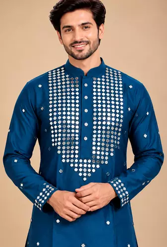 Teal Blue Trending Premium Heavy Mirror Work Design Fabric Soft Silky Mens Ethnic Festival Wear Kurta And Pajama