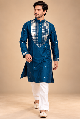 Teal Blue Trending Premium Heavy Mirror Work Design Fabric Soft Silky Mens Ethnic Festival Wear Kurta And Pajama 3