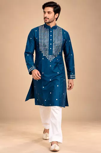 Teal Blue Trending Premium Heavy Mirror Work Design Fabric Soft Silky Mens Ethnic Festival Wear Kurta And Pajama