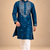Teal Blue Trending Premium Heavy Mirror Work Design Fabric Soft Silky Mens Ethnic Festival Wear Kurta And Pajama