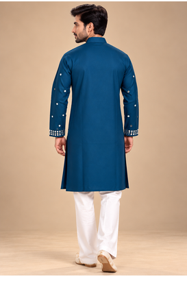 Teal Blue Trending Premium Heavy Mirror Work Design Fabric Soft Silky Mens Ethnic Festival Wear Kurta And Pajama 4
