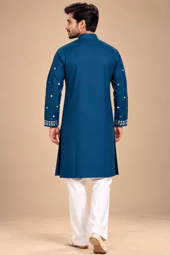 Teal Blue Trending Premium Heavy Mirror Work Design Fabric Soft Silky Mens Ethnic Festival Wear Kurta And Pajama