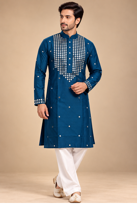 Teal Blue Trending Premium Heavy Mirror Work Design Fabric Soft Silky Mens Ethnic Festival Wear Kurta And Pajama 5