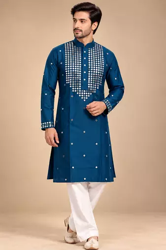 Teal Blue Trending Premium Heavy Mirror Work Design Fabric Soft Silky Mens Ethnic Festival Wear Kurta And Pajama
