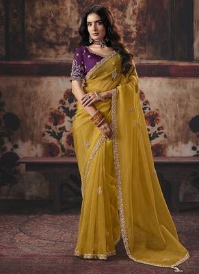 mustard organza zari work party wear saree 1