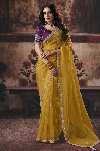 mustard organza zari work party wear saree