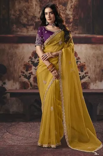 mustard organza zari work party wear saree