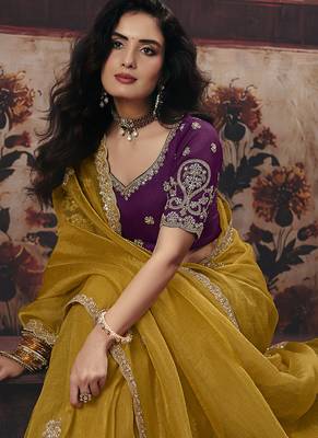mustard organza zari work party wear saree 2