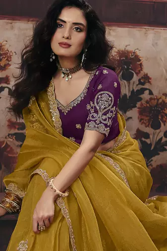 mustard organza zari work party wear saree