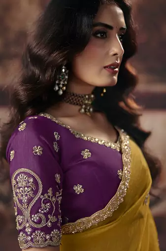 mustard organza zari work party wear saree