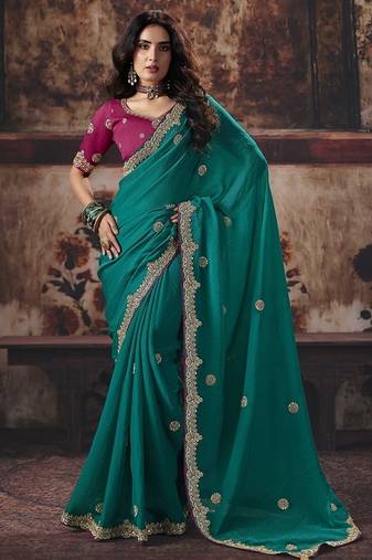 Cyan bemberg sequince work party wear saree