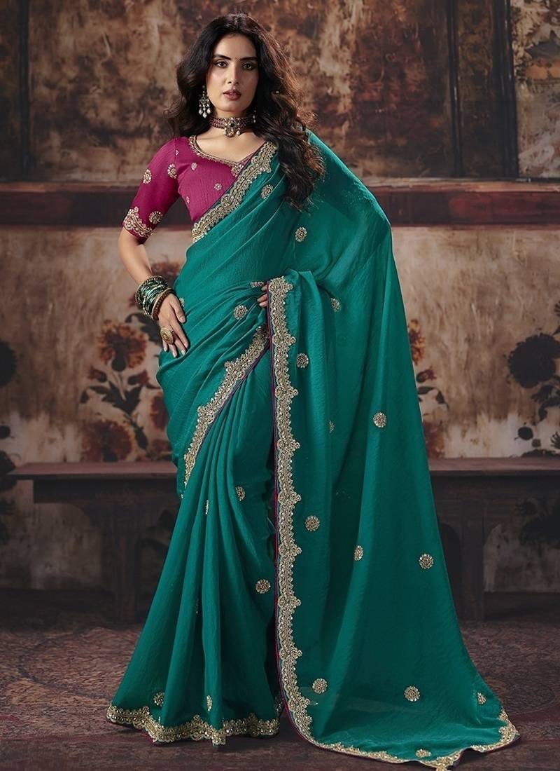 Cyan bemberg sequince work party wear saree