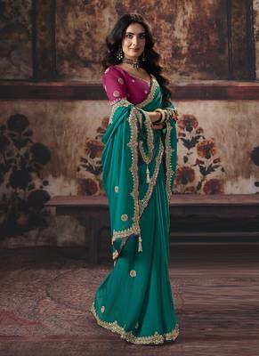 Cyan bemberg sequince work party wear saree 2