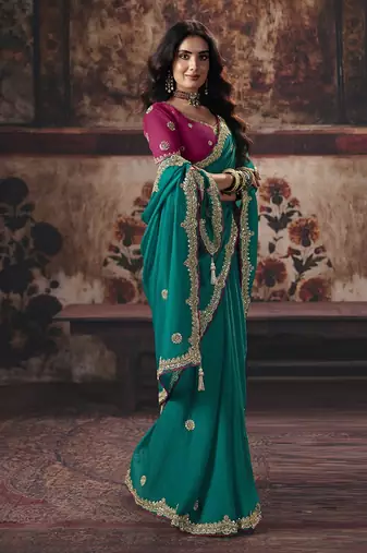 Cyan bemberg sequince work party wear saree