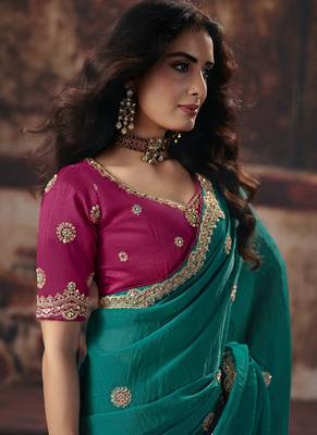Cyan bemberg sequince work party wear saree 3
