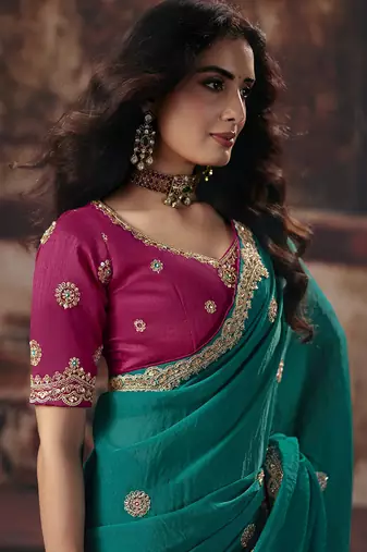 Cyan bemberg sequince work party wear saree