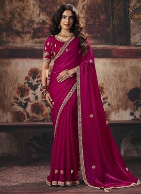 raspberry satin sequince work party wear saree 1