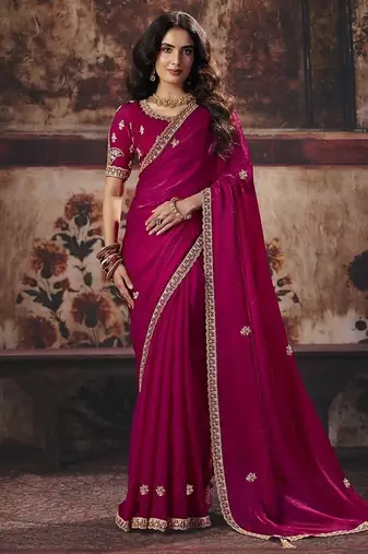 raspberry satin sequince work party wear saree