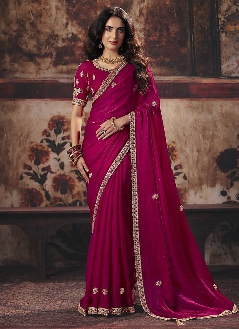 raspberry satin sequince work party wear saree