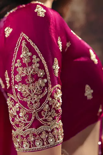 raspberry satin sequince work party wear saree