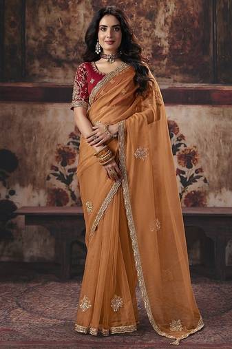 orange organza sequince work party wear saree